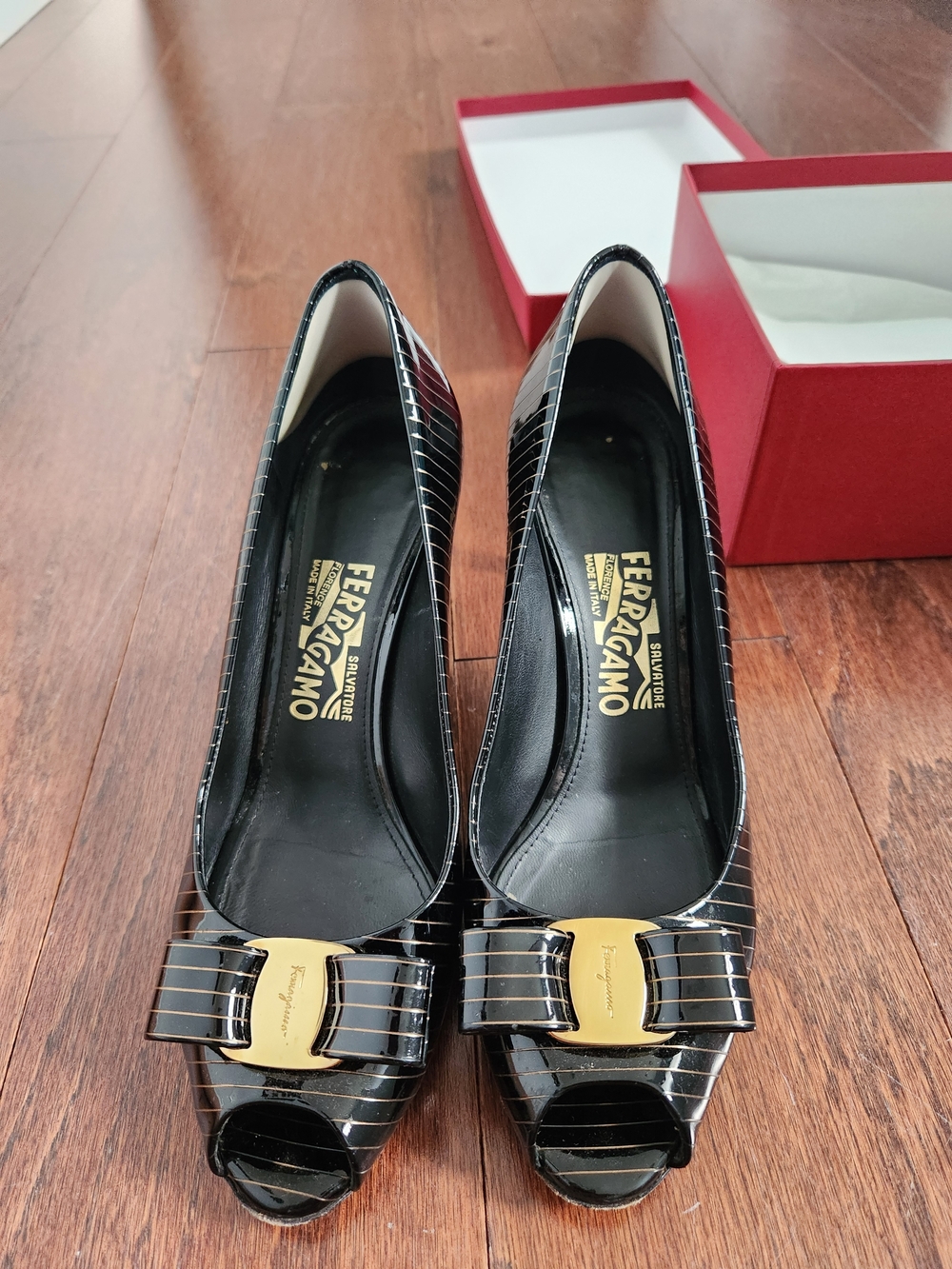 Salvatore Ferragamo Black Patent Peep-Toe Pumps with Signature Bow